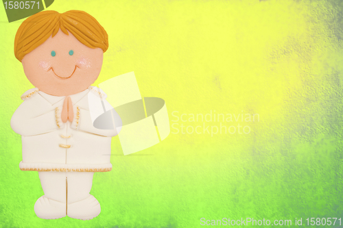 Image of greeting invitation card, first communion, cute blond boy