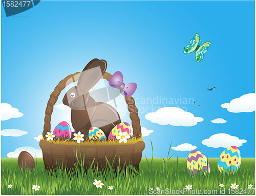 Image of Easter background with eggs and chocolate bunny