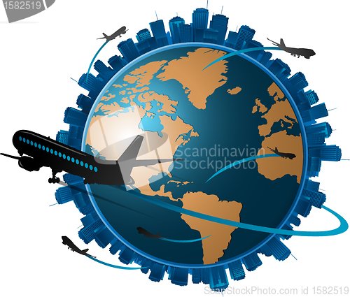 Image of Airplane travelling around the globe, travel concept