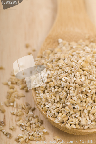 Image of Steel cut oats on a wooden spoon