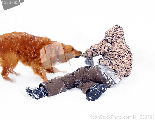 Image of Boy playing with dog at snow