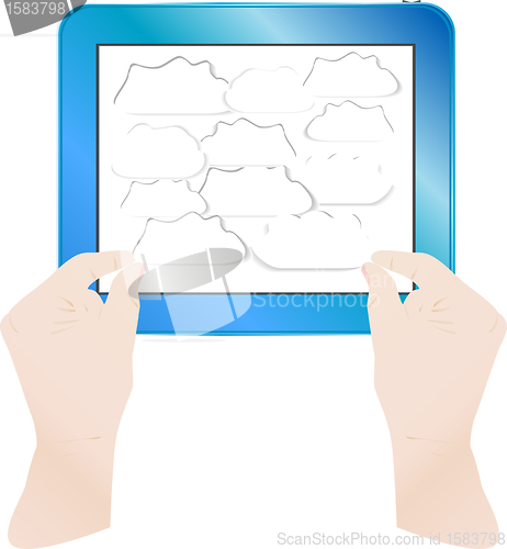 Image of hands with bubbles on computer tablet pc. Vector