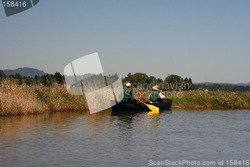 Image of Couple Paddling in Canoe