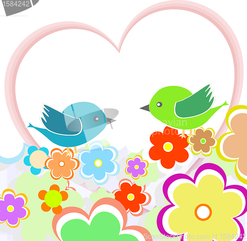 Image of Card with birds on red heart among flowers with place for text