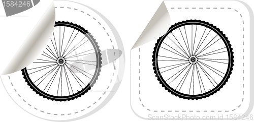 Image of bike wheel with tire and spokes vector sticker set