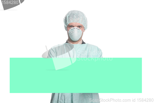 Image of beautiful nurse with publicity board