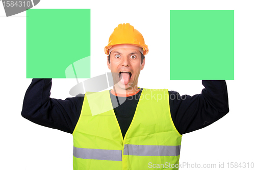 Image of Portrait of a worker with two publicity boards