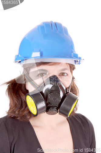 Image of woman with safety protection, gas mask and helmet