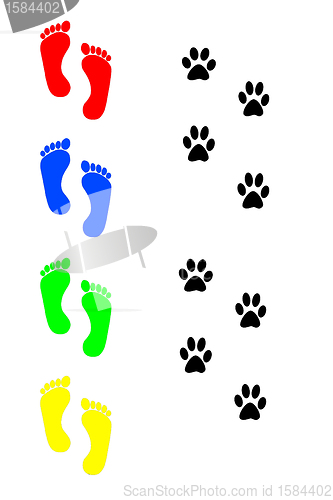Image of dog and human footprints over white background