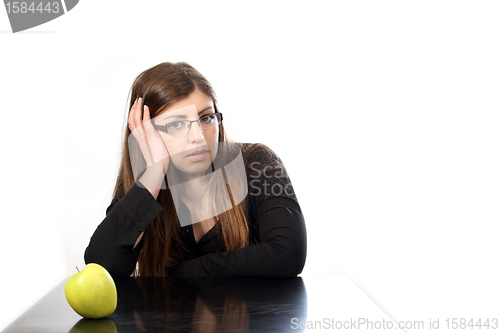 Image of woman with beautiful red apple, healthy food