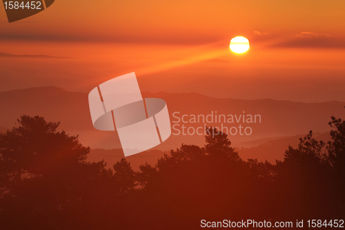Image of Beautiful sunrise, orange tones, nature photo
