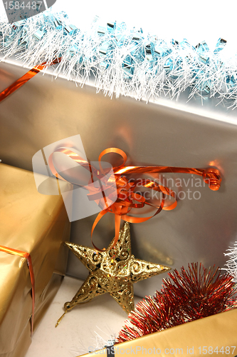 Image of beautiful christmas gifts on white background