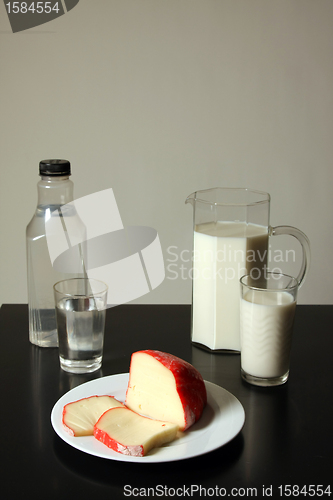 Image of milk, water and cheese, tasty and healthy food