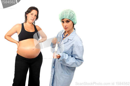 Image of beautiful pregnant woman expecting a boy and nurse