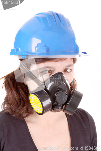 Image of woman with safety protection, gas mask and helmet