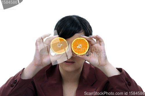 Image of beautiful woman with orange and lemon, healthy citrin photo