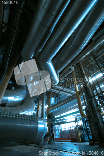 Image of Industrial zone, Steel pipelines and cables in blue tones