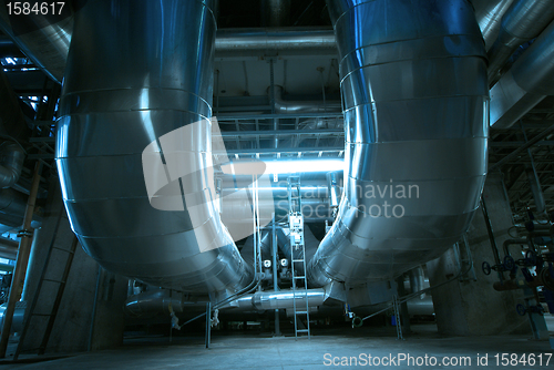 Image of Industrial zone, Steel pipelines and cables in blue tones