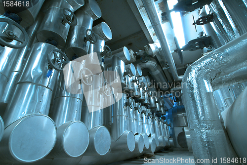 Image of Industrial zone, Steel pipelines and cables in blue tones