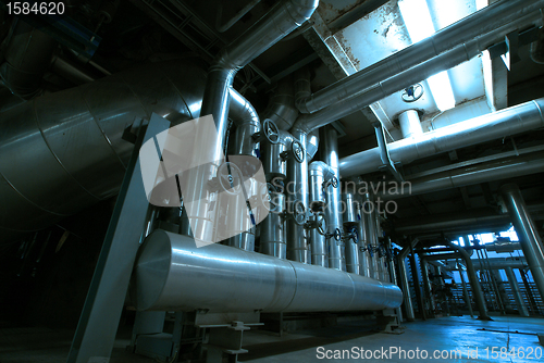 Image of Industrial zone, Steel pipelines and cables in blue tones