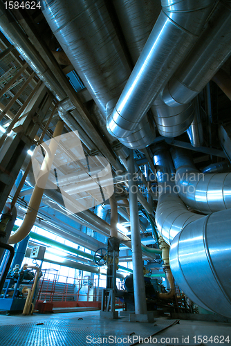 Image of Industrial zone, Steel pipelines and cables in blue tones