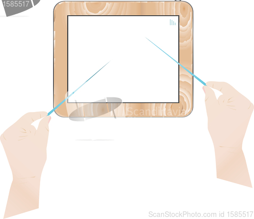 Image of touch pad PC and virtual buttons on women hand