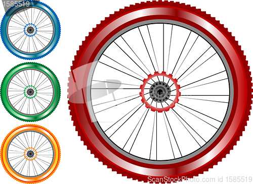 Image of set of colored bike wheel with tire and spokes