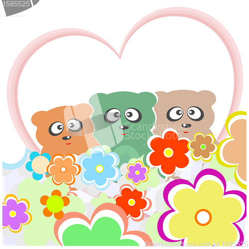 Image of set teddy bear with many flowers and love heart
