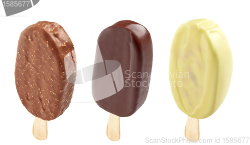 Image of three different Ice creams covered with chocolate