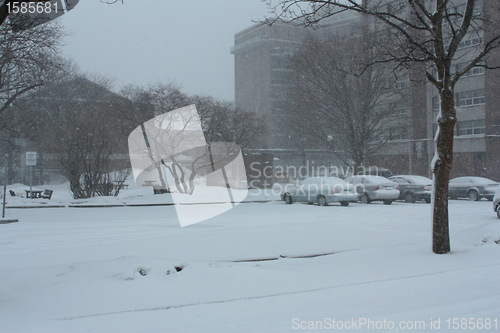 Image of Picture taken during a winter storm that passed by the city - snow covered parking lot