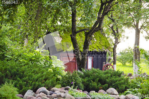 Image of garden house mossy roof plants flowers background 