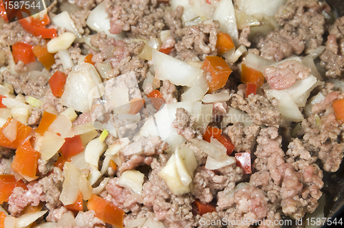 Image of ground beef with onions peppers for pasta sauce