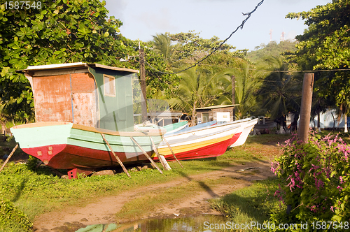 Image of fishing boats in jungle Big Corn Island Nicaragua