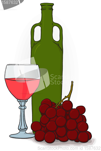 Image of Drawing - bottle and glass of wine and grapes