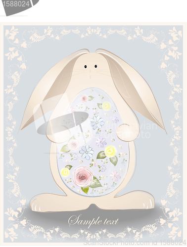 Image of Easter card.  Illustration of an easter rabbit with egg. Illustration lace.