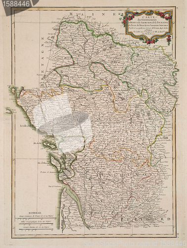 Image of antique colored map of France region.