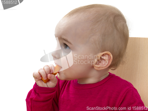 Image of child in red shirt eating