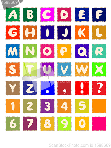 Image of cartoon alphabet on square colored paper ABC font