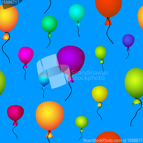 Image of coloured balloons flying in blue sky seamless