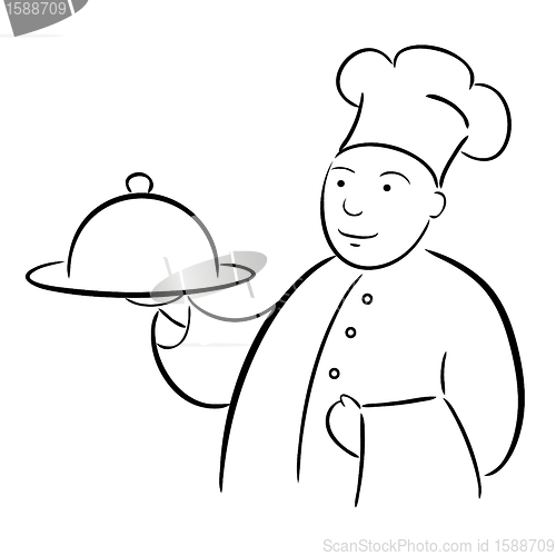 Image of chef cook with tray calligraphy drawing