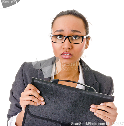 Image of Terrified young business woman on white