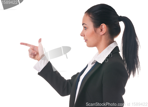 Image of woman manager shows the direction of finger