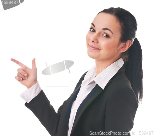 Image of woman manager shows the direction of finger