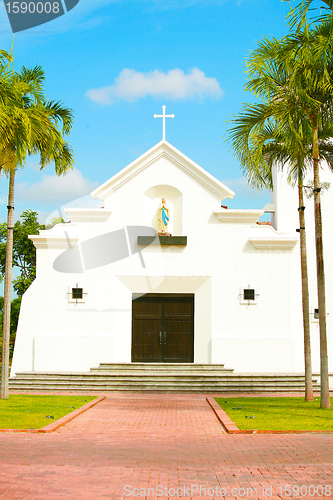 Image of Traditional American white church in the fall 