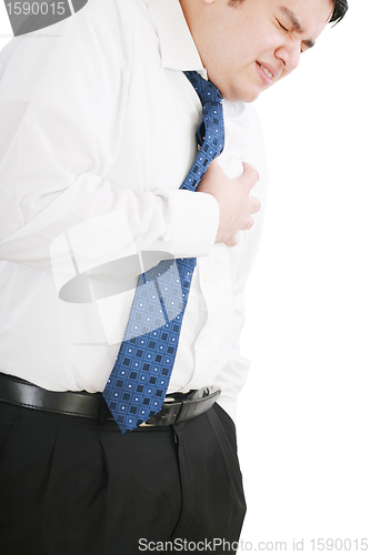 Image of Man dressed in formal wear having a heart attack 