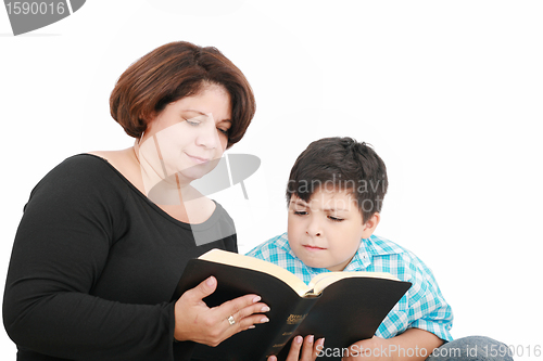Image of mom and son reading the Bible.