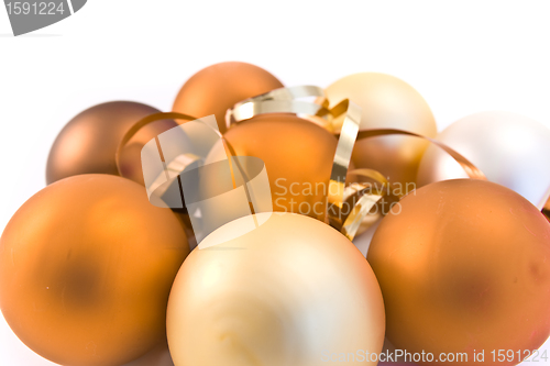 Image of christmas glass balls decorated with ribbons