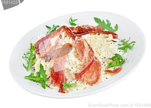 Image of Appetizing noodles with bacon and cheese