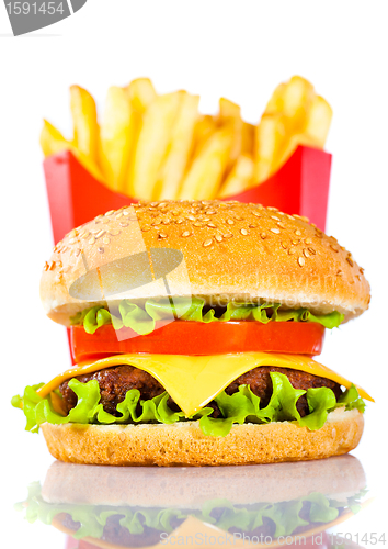 Image of Tasty hamburger and french fries