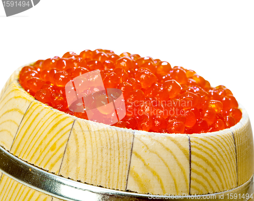Image of Keg of red caviar on the white